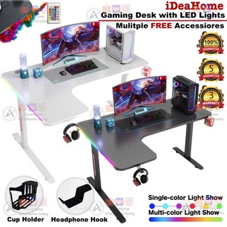 L-Shape RGB Gaming Desk with Led Lights, Table Computer Workstation with LED RGB Lights, Headphone Hook and Cup Holder for Home