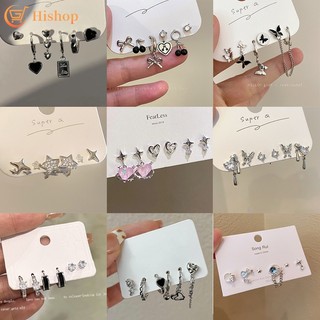 Korean Style Heart Silver Earrings Set Butterfly Pearl Zircon Stud Earrings for Women Fashion Jewelry Accessories