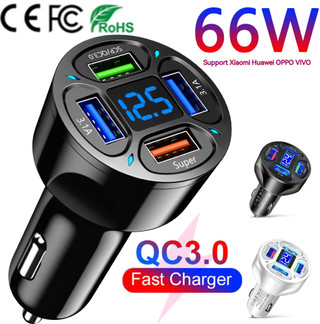 66W Car Charger 4USB Port Digital Display Super Fast Charging