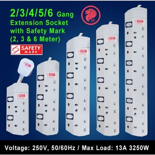 2/3/4/5/6 Gang Extension Socket with Singapore Safety Mark (2, 3 & 6 Meters)