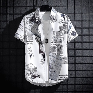Summer Men's Short-Sleeved Newspaper Shirts, Thin Graffiti Trendy Clothes, Printed Loose INS Trendy Tops. Half-Sleeved Shirt.