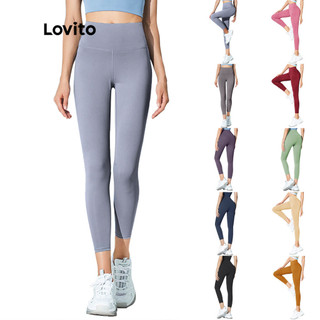 Lovito Summer Plain High Waist Sports Yoga Pants Compression Leggings for Woman L02044 (Light Blue/Pink/Black/Dark Blue)