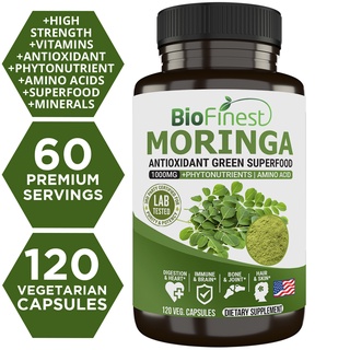 Biofinest Moringa Leaf 1000mg Supplement - Antioxidant Superfood Powder- Energy Skin Blood Sugar Immune (120 capsules)