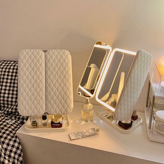 Shell Double Door led Makeup Mirror With Light Storage Box Integrated Desktop Foldable Adjustable Student