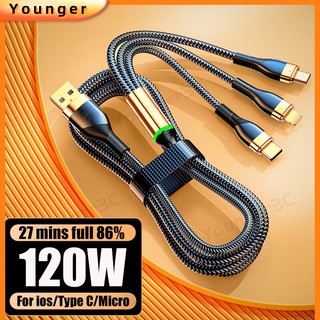 120W Super Fast Charger Cable 3 in 1 Gilding Charging Cord With indicator light 6A Nylon Braided Data Cable For ios Micro Type-C