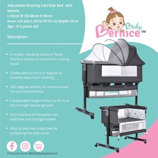 Adjustable Rocking Cot/Side Bed  with wheels  L 90cm W 58-68cm H 80cm Inner cot size L 87cm W 50 cm Depth 32cm