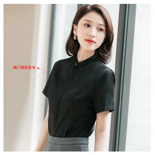 [Ready Stock Free Shipping] Summer Korean Version Solid Color Stand-Up Collar Cotton Temperament Commuter Short-Sleeved Single-Breas