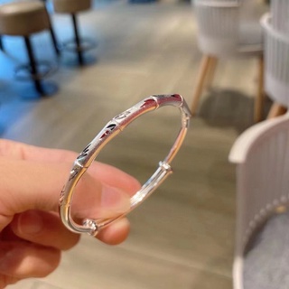Classic Style Frosted Bamboo Sliding Pull Bracelet Open Wide Face Adjustment Pure Silver 999