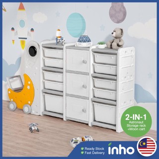 INHO Kids Living Room Astronaut Storage Cabinet Toy Storage Rack Organizer Multifunction Kids Shelf & Moon Cart