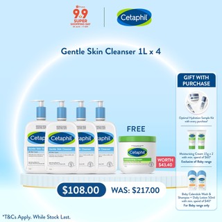 [9.9] Cetaphil Gentle Skin Cleanser 1L Bundle of 4 + Cetaphil Moisturizing Cream 453g